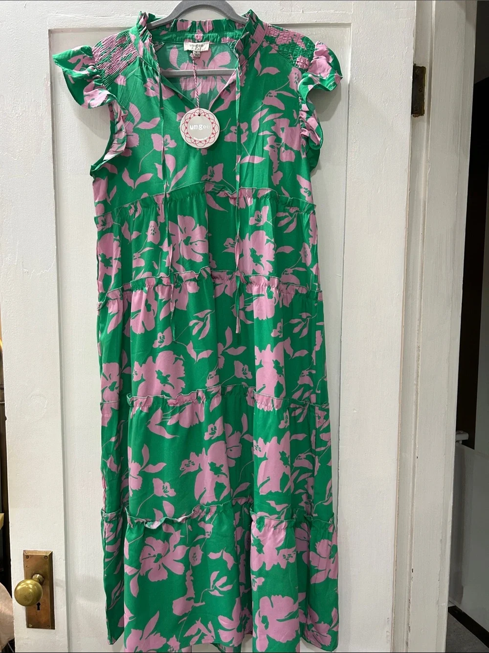 Umgee Green and Pink Floral Tiered Maxi Dress